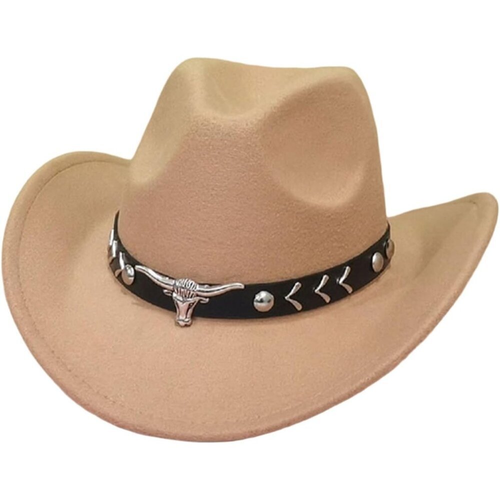 Unisex Carmel 100% Polyester Bull Skull Band Classic Fedora Felt Cowboy Hat